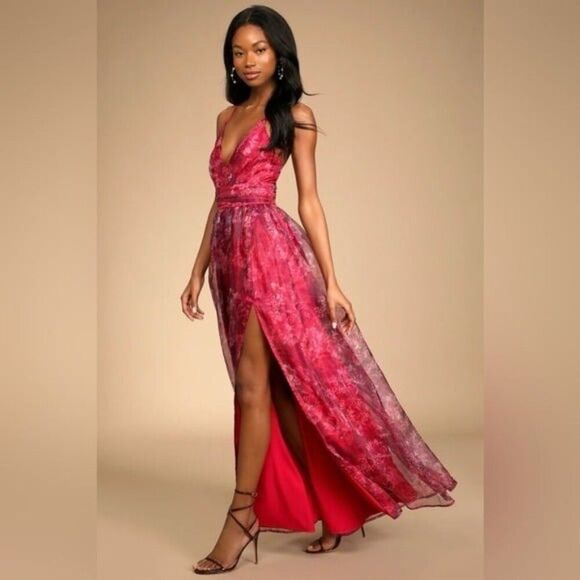 COPY - Lulus Romance That Wows Magenta Floral Print Organza Maxi Dress Size Med… - Picture 14 of 16